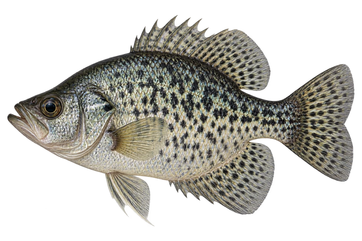 Silver black crappie with irregular dark mottling and a deep rounded body