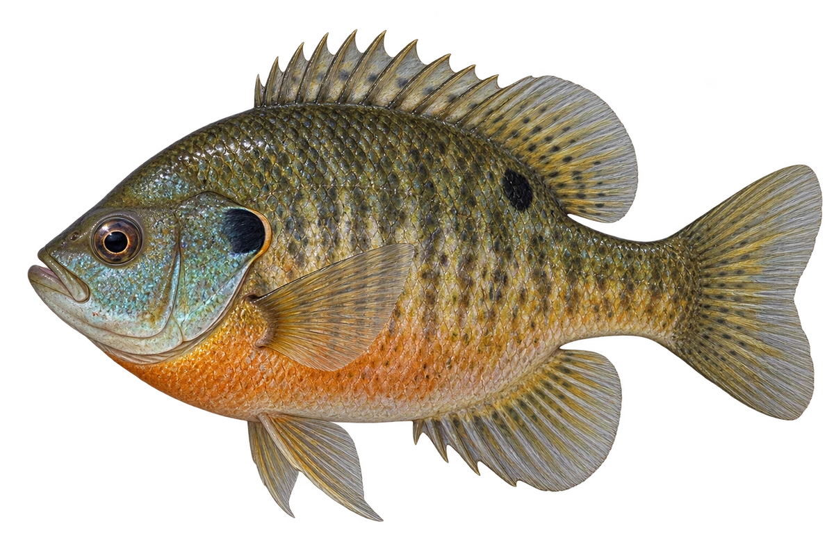 Bluegill in left-facing profile with a dark gill patch, rounded flank and warm belly