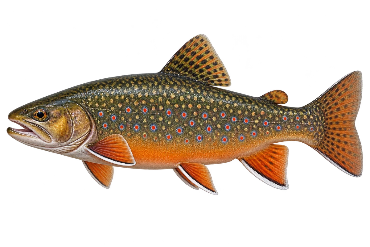 Brook trout with a dark spotted back, pale-edged fins and an orange underside