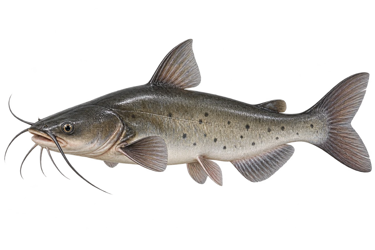 Smooth grey channel catfish with long barbels, a broad head and forked tail