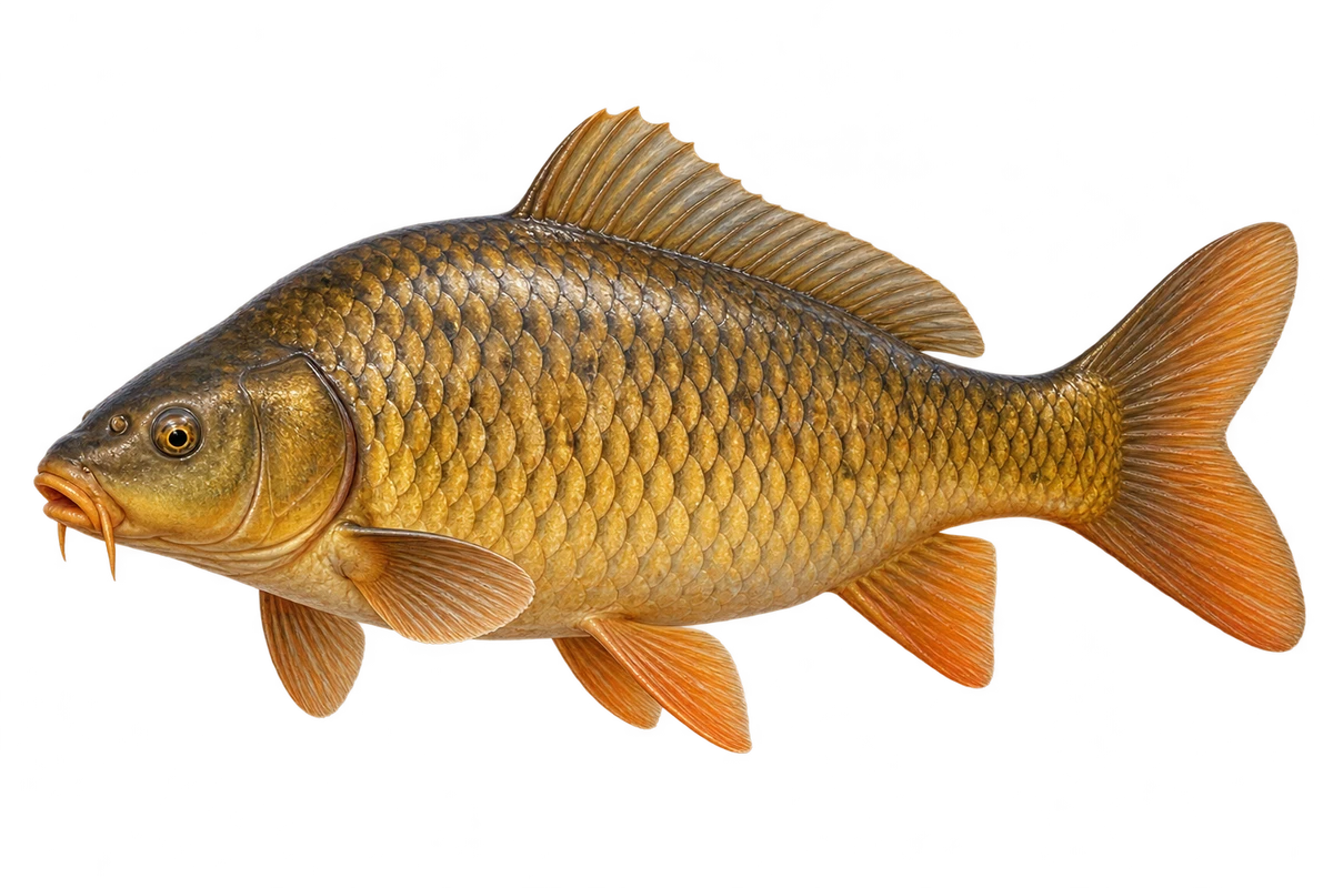 Full-bodied golden carp with large bronze scales, orange fins and short barbels