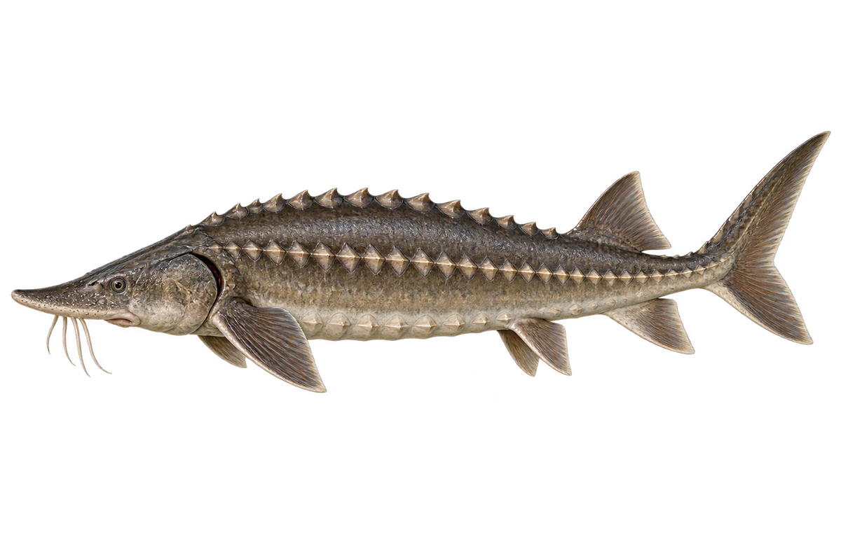 Lake sturgeon with a long snout, rows of bony plates and an asymmetrical tail
