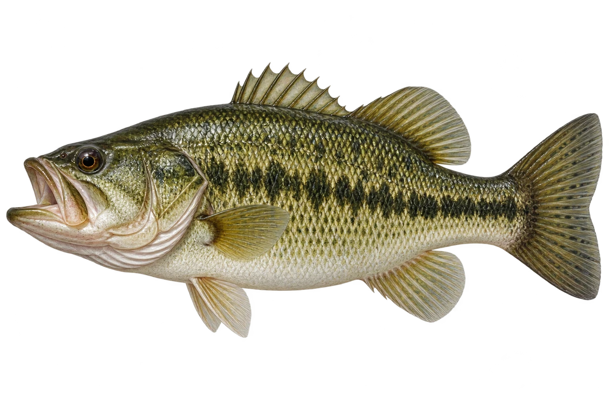 Olive largemouth bass with a wide open mouth and strong dark lateral band