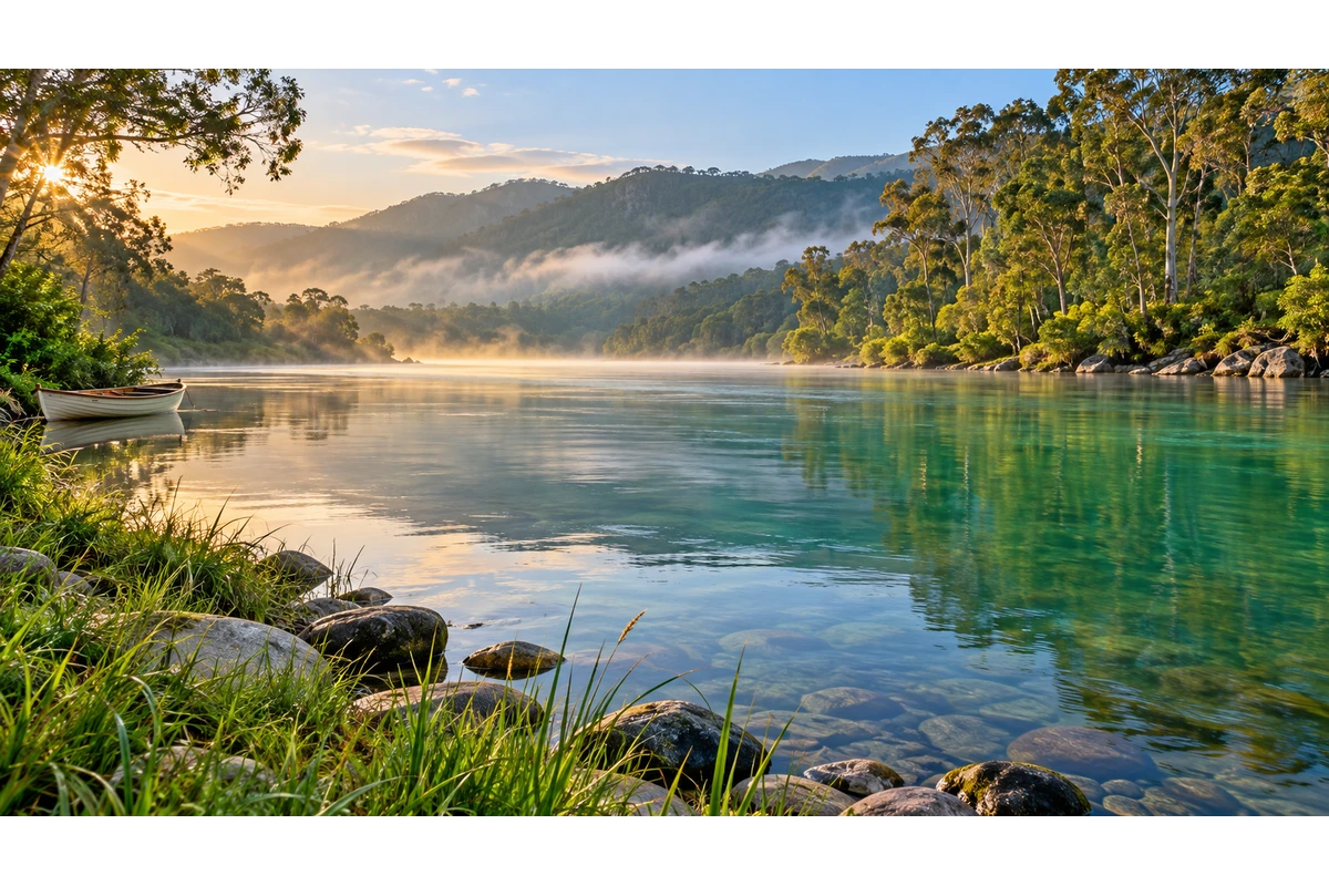 Low riverbank at dawn overlooking clear green water and a small pale rowboat