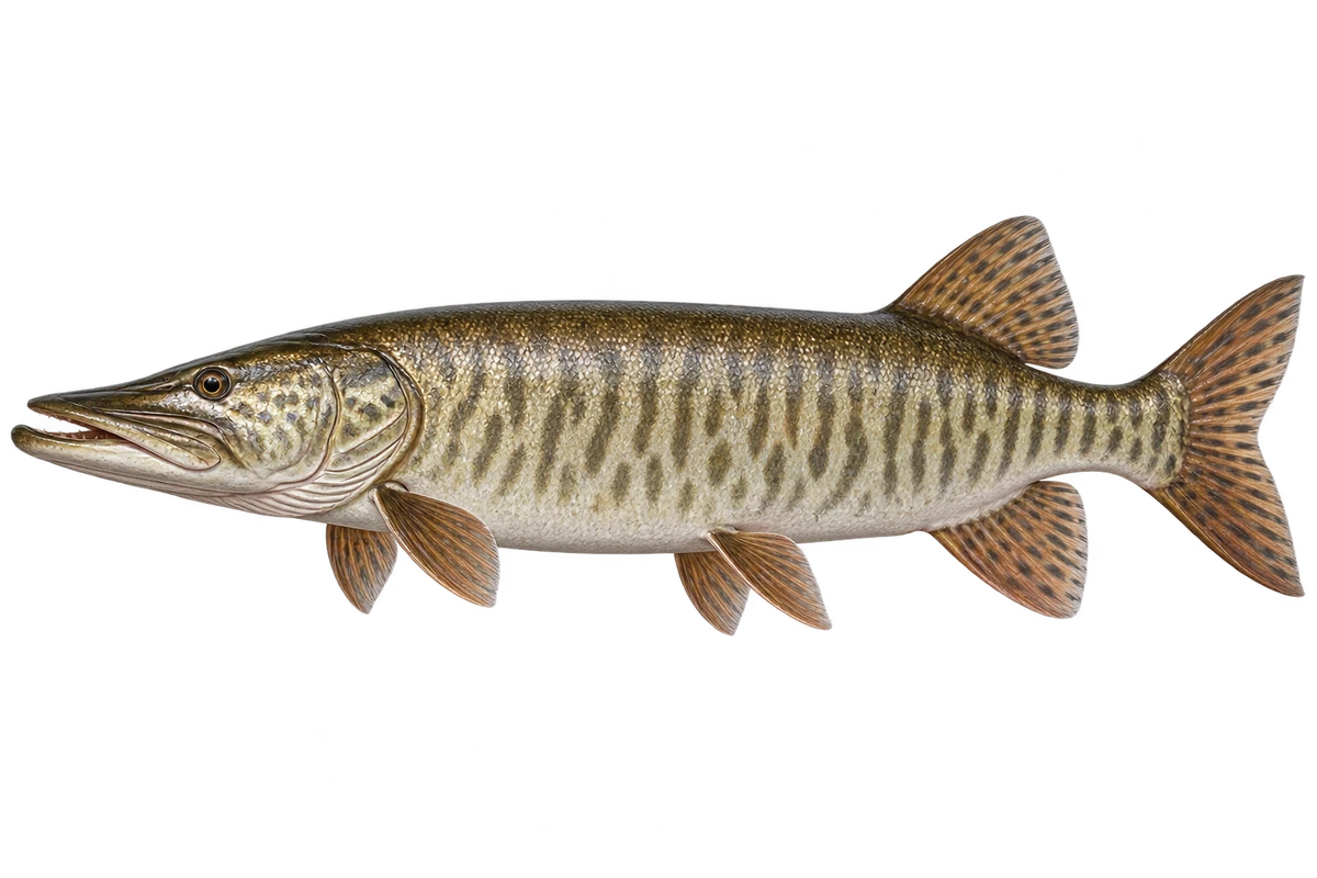 Elongated muskellunge with dark side bars and fins placed towards its tail
