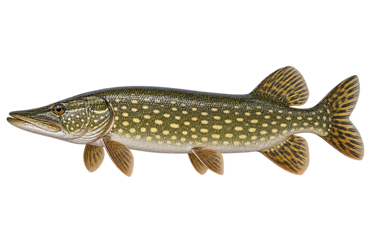 Long green northern pike with pale oval spots and an extended pointed snout