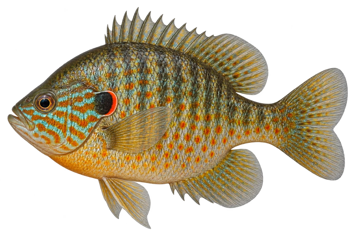 Pumpkinseed profile with vivid turquoise cheek lines and copper-orange flank markings