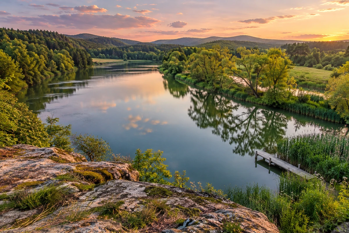 Elevated rocky viewpoint above a calm river bend, trees and a short jetty at sunset