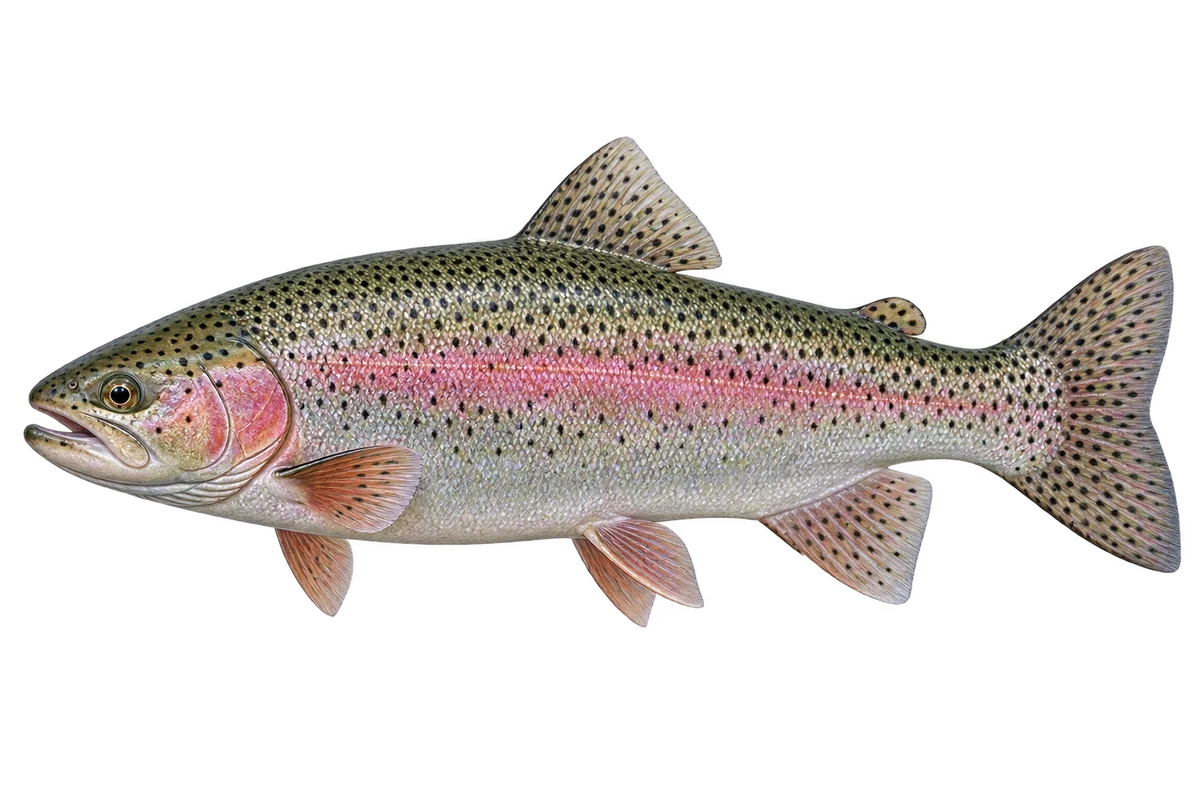 Silver rainbow trout with fine black spots and a broad pink lateral stripe
