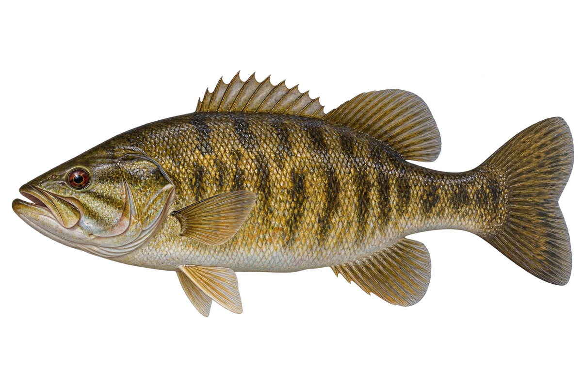 Bronze-green smallmouth bass with dark flank markings and a compact jaw profile