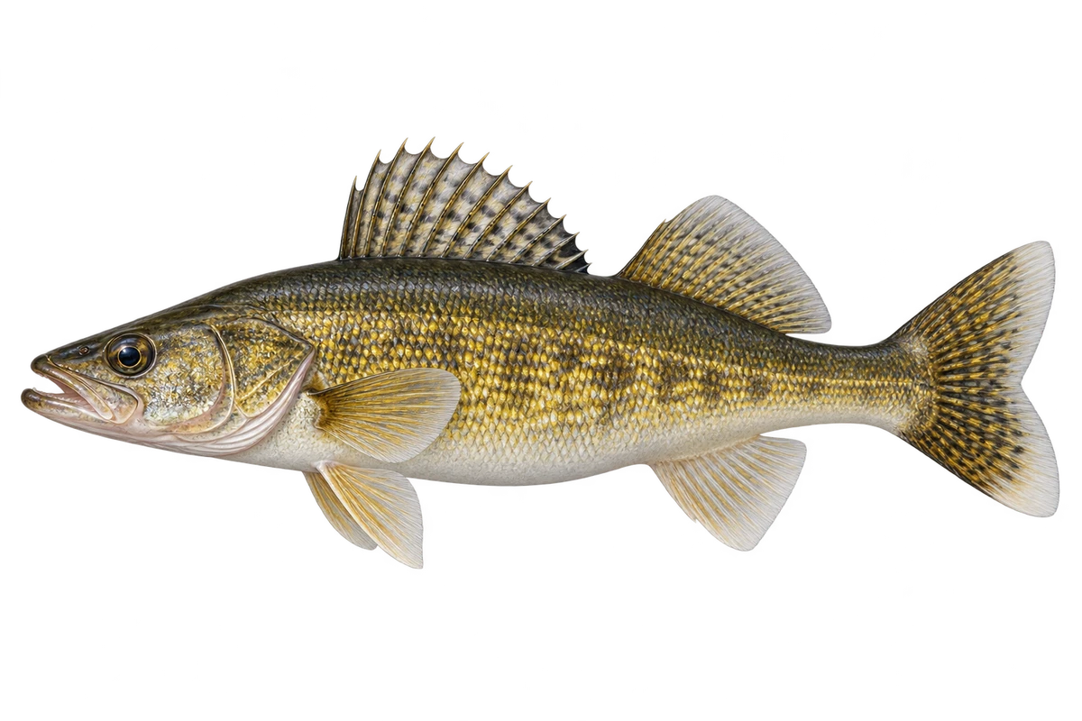 Olive-gold walleye with a pointed dorsal fin and a prominent reflective eye