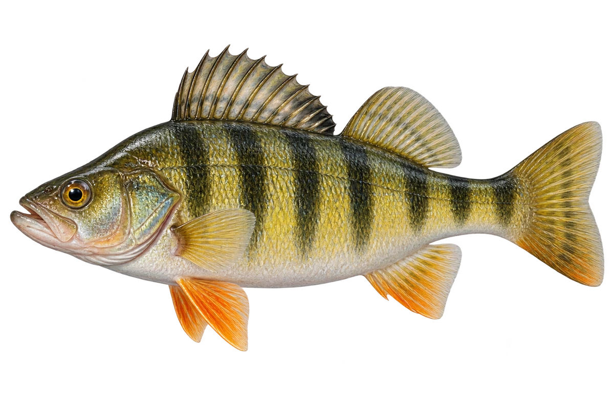 Yellow perch showing dark vertical bars, golden sides and orange lower fins